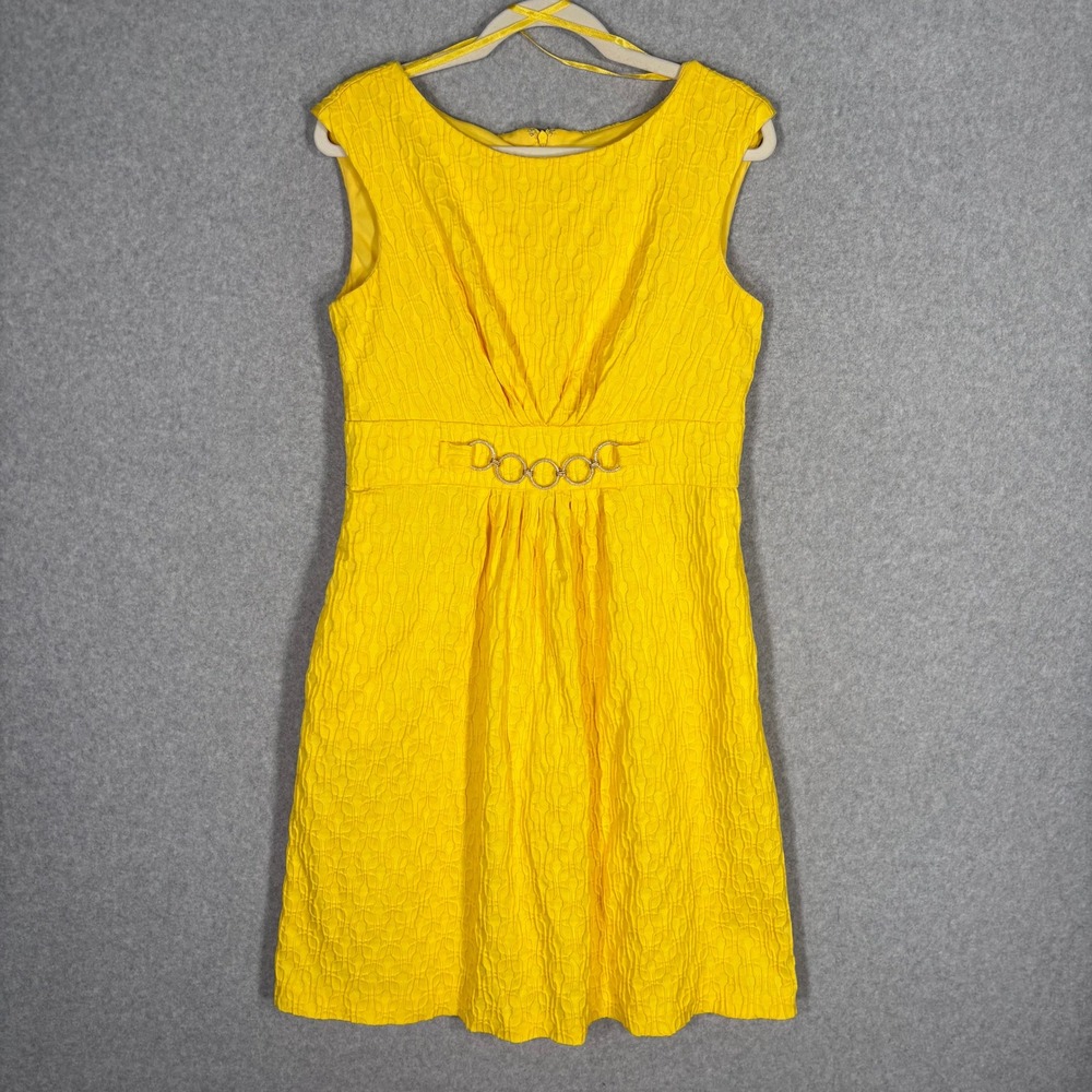 Sandra Darren Textured Rhinestone Sheath Dress 12 Yellow Silver Chain Link Belt
